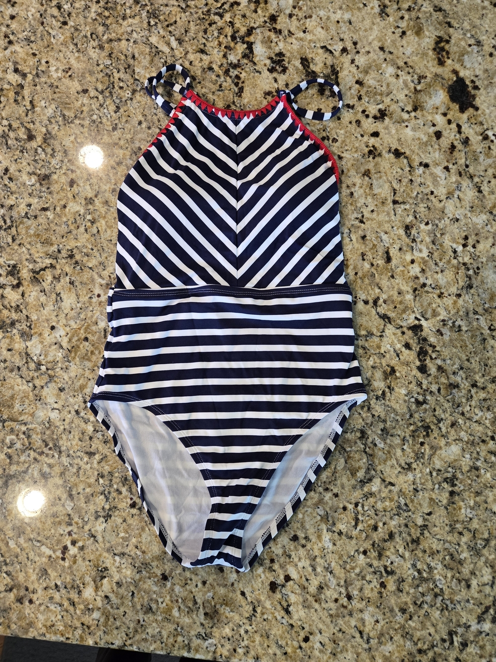 Tommy Bahama NWT. Striped Navy & White One-Piece Swimsuit with Red Trim